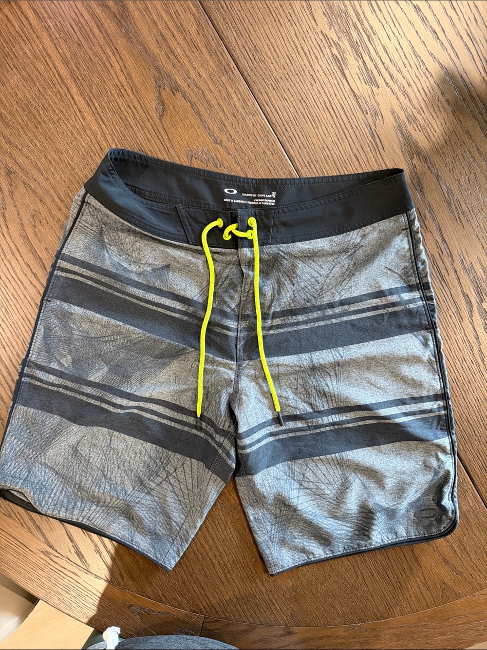 Oakley Gray Striped Swim Board Shorts with Neon Yellow Drawstring